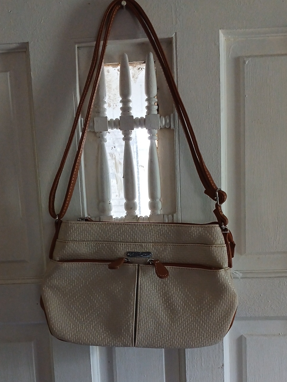 Cream Shoulder Bag with Tan Trim - Women's Shoulder Handbag.Nice for summer.